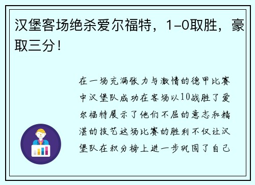 汉堡客场绝杀爱尔福特，1-0取胜，豪取三分！