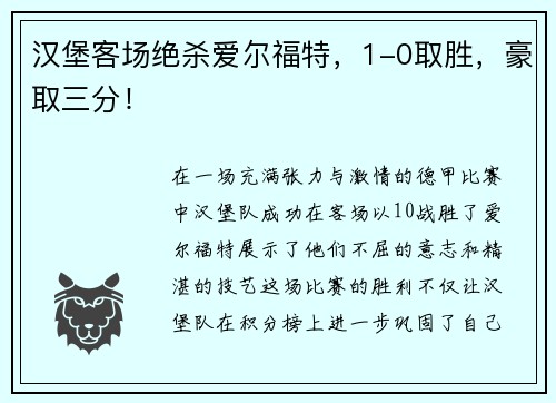 汉堡客场绝杀爱尔福特，1-0取胜，豪取三分！